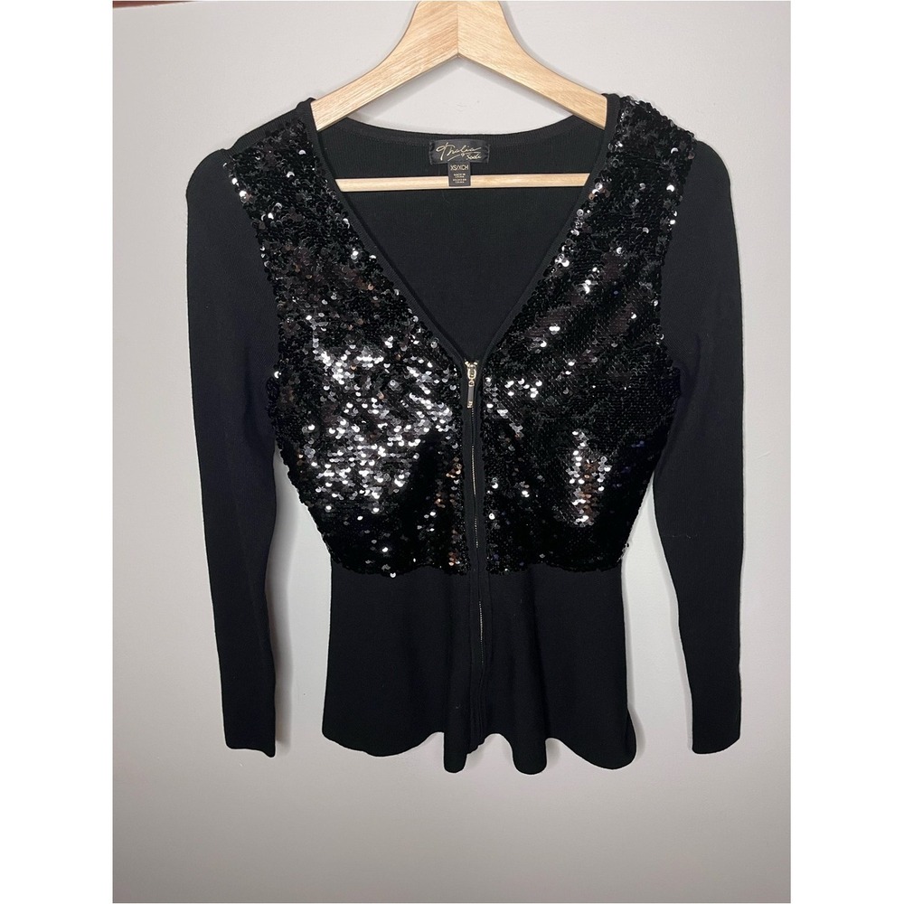 Thalia Sodi Womens Black Sequined Zip Up‎ Peplum Cardigan Sweater XS